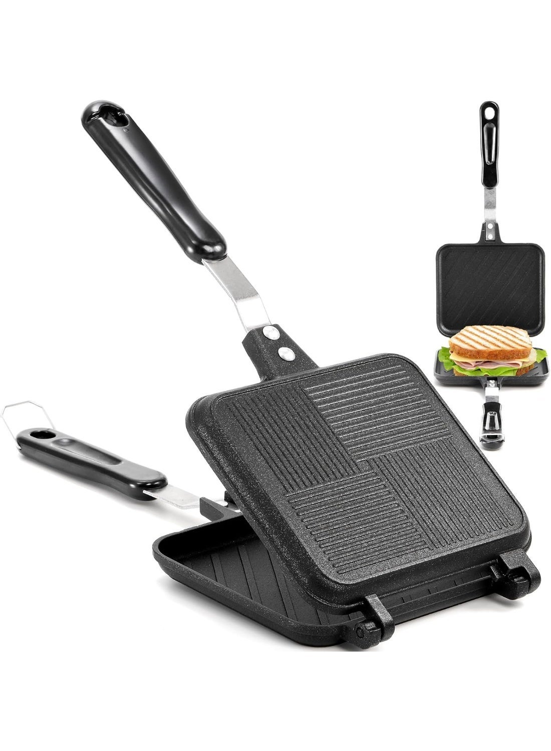 Hot Sandwich Maker, Grilled Sandwich Press with Handle, Stovetop Toasted Sandwich Maker Aluminum Flip Pan for Home, Kitchen, Breakfast